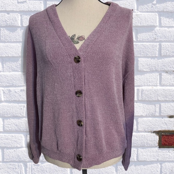โDONATEDโLavender Purple V-neck Button Front Oversized Knit Sweater Top - Picture 4 of 12